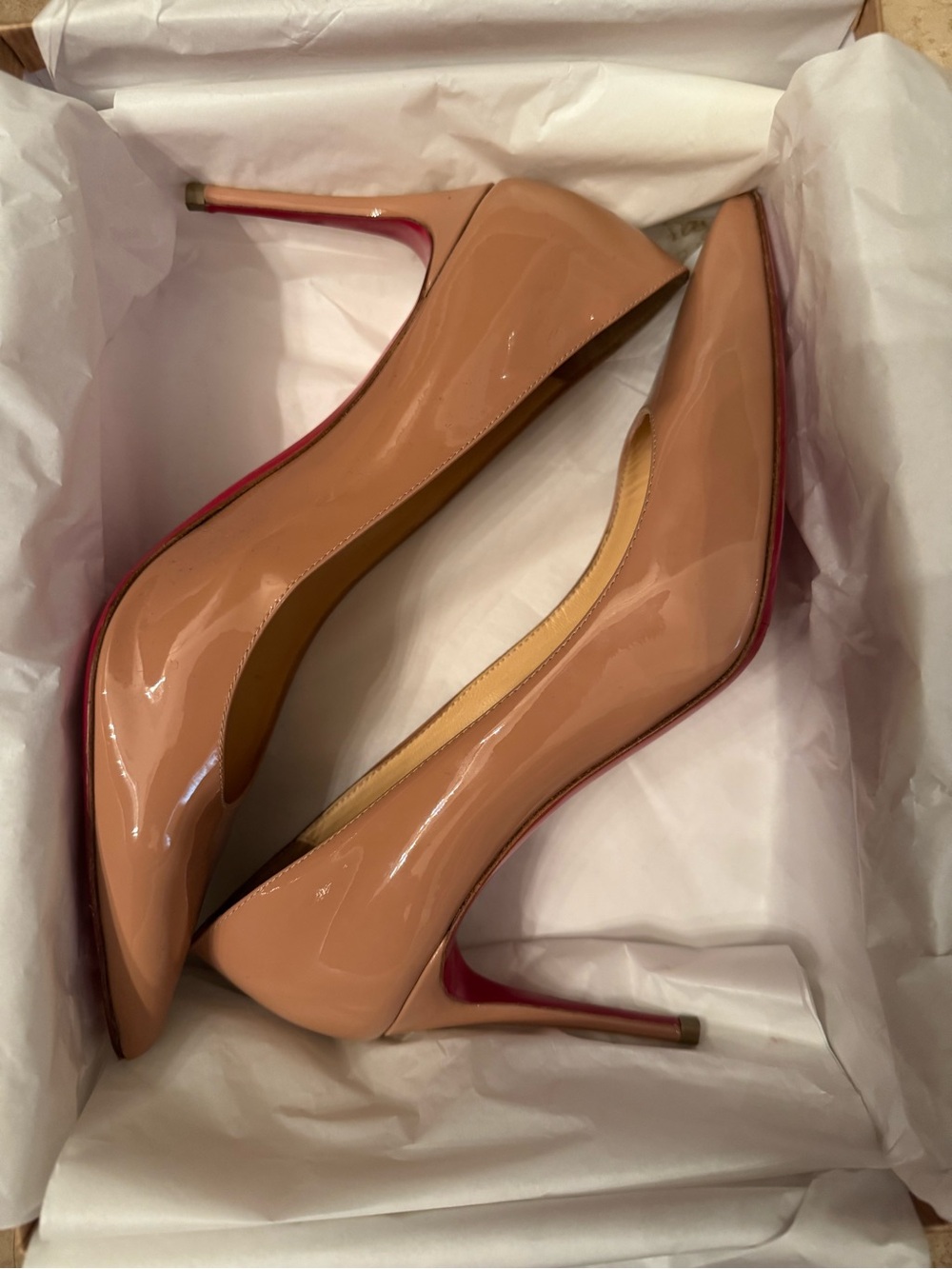 Christian Louboutin Nude Patent Pointed-Toe Pumps with Red Soles